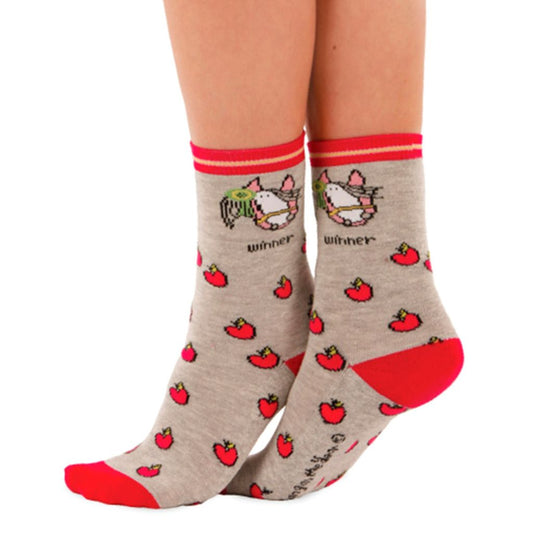 light grey ankle length socks with bright red toes and heels and red trim at the top. There is a pink and white pretty pony near the top. the rest of the socks have medium sized bright red apples scattered over them