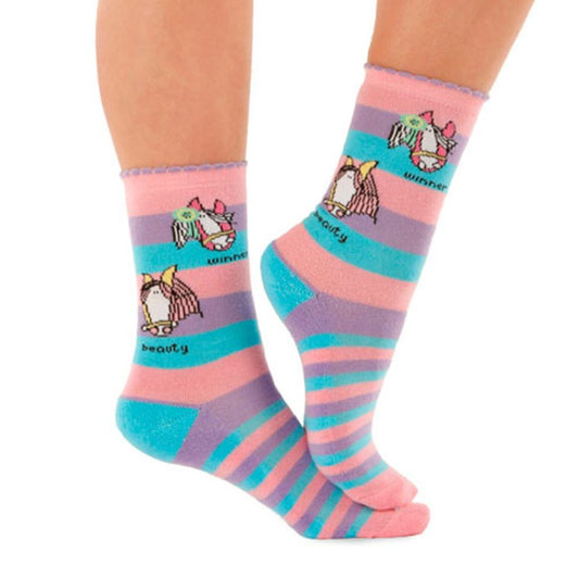 calf length socks with pink, lilac and blue stripes and two pretty pony heads