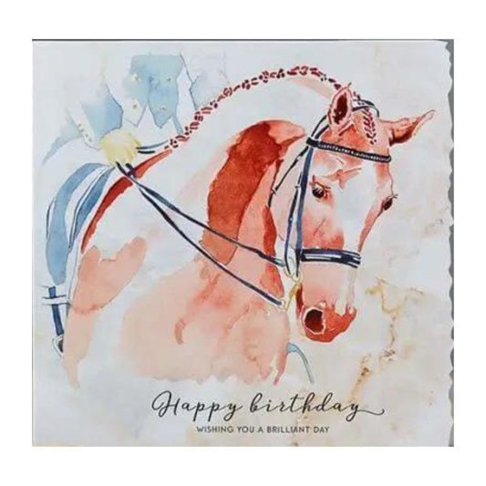 The Horse Birthday Card Dressage Horse Deckled Edge by Deckled Edge Ltd features a watercolor dressage horse with braided mane, tack, and Happy birthday Wishing you a brilliant day text—perfect for horse lovers birthdays.