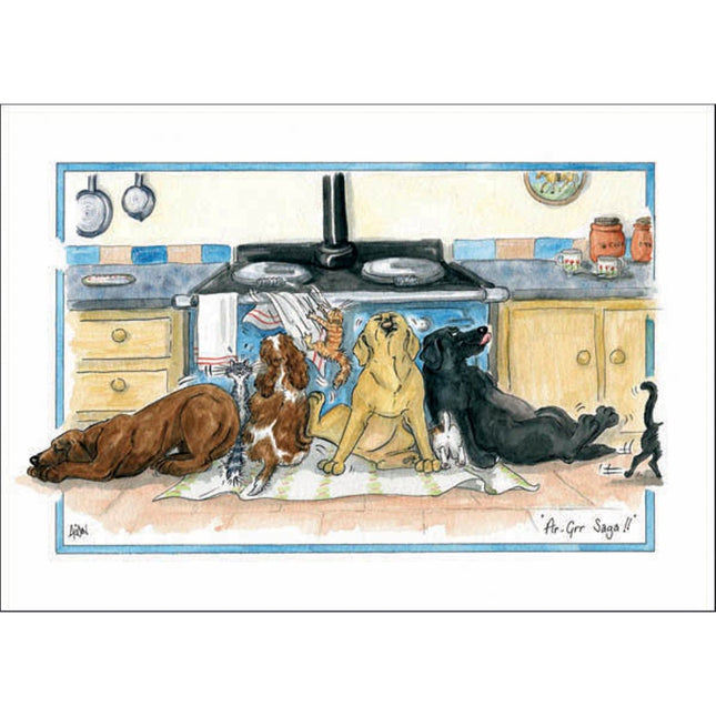 Four hopeful dogs watch a roast chicken being taken from the oven, while a black cat strolls by uninterestedâ€”featured in the Alisons Animals Funny Dog Card Aga Saga by Alisons Animals, perfect for any greeting occasion.
