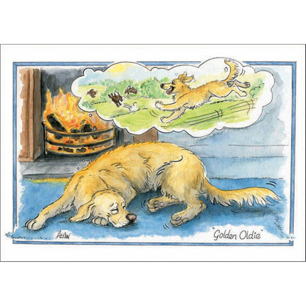 A golden retriever snoozes by the fire, dreaming of playful fun in a field, shown in a bubble above. Perfect as an Alisons Animals Funny Dog Card Golden Oldie from Alisons Animals. Text on front: â€œGolden Oldie.â€.