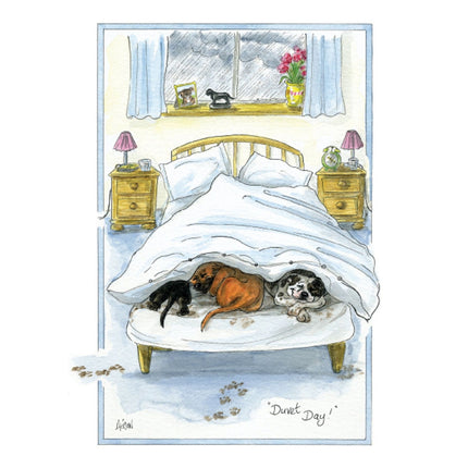 The Duvet Day Funny Dog Card by Alisons Animals features two dogs and a cat under a white duvet with muddy paw prints, nightstands, lamps, and flowersâ€”perfect for sending smiles from the popular Alisons Animals brand.