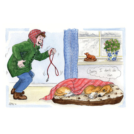 The Alisons Animals Funny Dog Card I Dont Do Rain shows classic Alisons Animals humor: a green-coated owner eager for a rainy walk, while the cozy dog refuses to leave bedâ€”perfect for any dog loverâ€™s greeting card!.