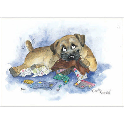 The Alisons Animals Funny Dog Card Credit Crunch features a cartoon dog chewing a wallet with credit cards and receipts, looking up guiltilyâ€”a perfect humorous greeting card from the Alisons Animals brand.