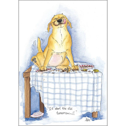 In this playful Alisons Animals greeting card, a happy dog sits on a blue checkered tablecloth, licking its lips amid empty plates and crumbs. The text reads, Ill start the diet tomorrow...! Perfect for dog lovers.