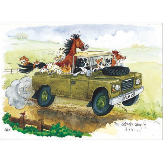 a greeting card showing dogs driving a 4 x 4 vehicle with a horse and other animals packed in the back
