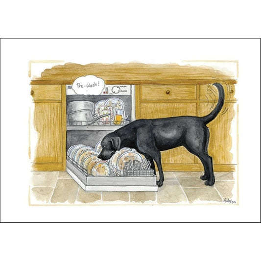 a dog greeting card showing a black labrador licking clean the plates in an open dishwasher with the caption pre-wash