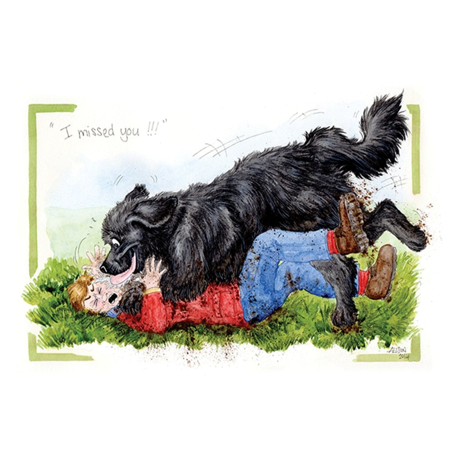 a funny dog greeting card featuring a cartoon drawing of a happy large black dog that has jumped up at its owner knocking him to the ground and the dog is licking his owners face. The caption reads I missed you