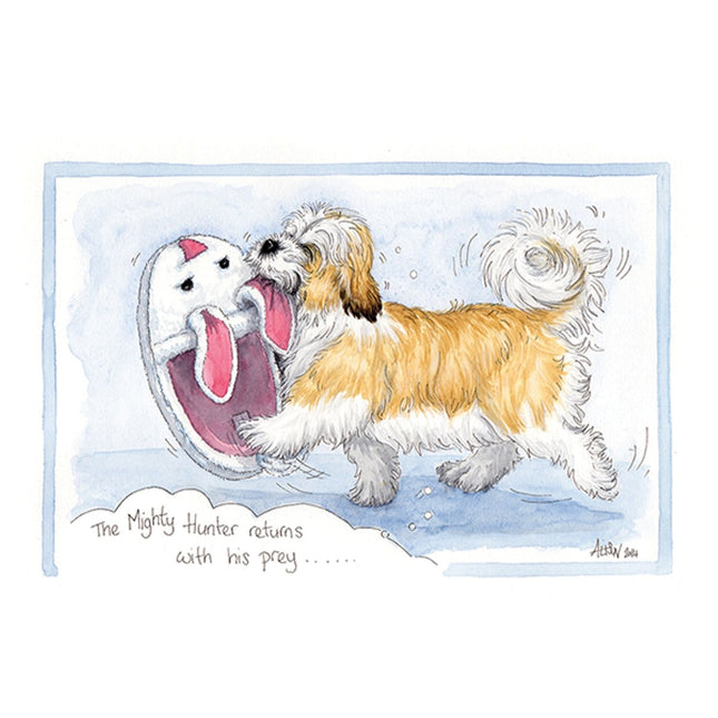 A fluffy brown and white dog carries a large bunny-shaped slipper in its mouth. Below, it reads, The Mighty Hunter returns with his prey...â€”just like the Funny Dog Greeting Card Alisons Animals The Mighty Hunter Returns by Alisons Animals.