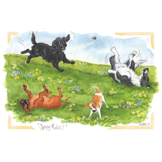four dogs enjoying rolling on the spring grass.