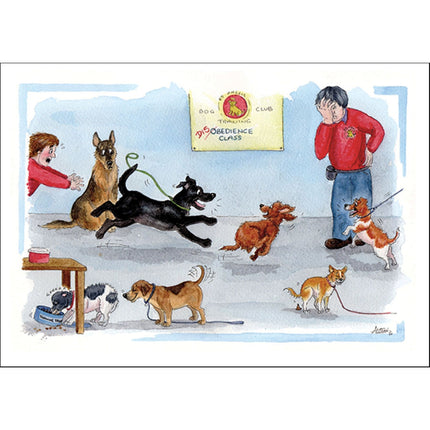 The Alisons Animals Funny Dog Card Disobedience Class by Alisons Animals features dogs running wild in a chaotic class as owners and an exasperated instructor try to regain controlâ€”a perfect humorous greeting card for dog lovers!.