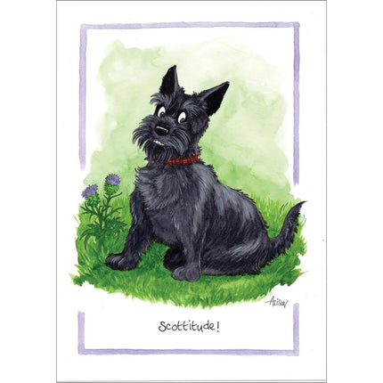 The Alisons Animals Funny Dog Cartoon Greeting Card Scottitude features a cartoon Scottish Terrier with a red collar on grass near purple thistles and â€œScottitude!â€ belowâ€”ideal for dog lovers. Brand: Alisons Animals.