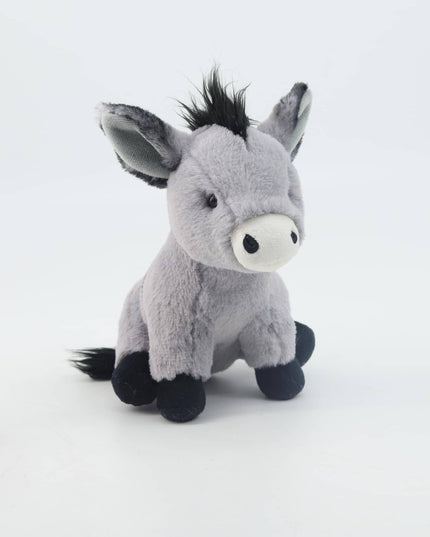 the front view of a grey soft toy donkey with white muzzle, black mane, tail and hooves