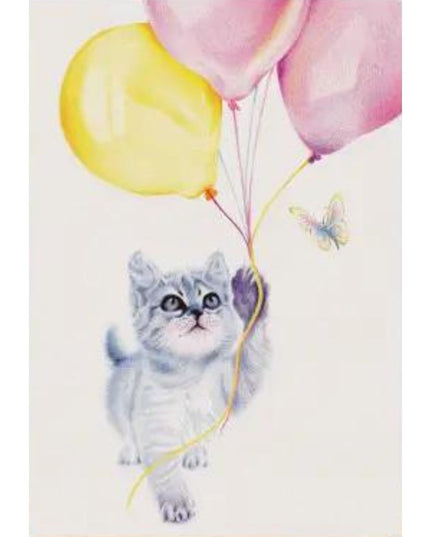 A playful grey tabby kitten reaches for three colorful balloons as a butterfly flutters nearby on this Cat Greeting Card Kitten and Balloons Blank Deckled Edge by Deckled Edge Ltd—perfect for cat lovers.