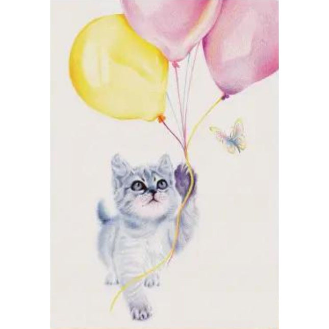 A playful grey tabby kitten reaches for three colorful balloons as a butterfly flutters nearby on this Cat Greeting Card Kitten and Balloons Blank Deckled Edge by Deckled Edge Ltd—perfect for cat lovers.