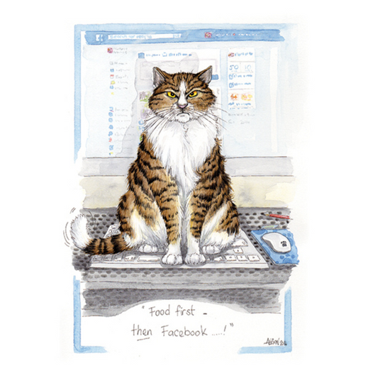Alisons Animals Funny Cat Card "Food First - Then Facebook"