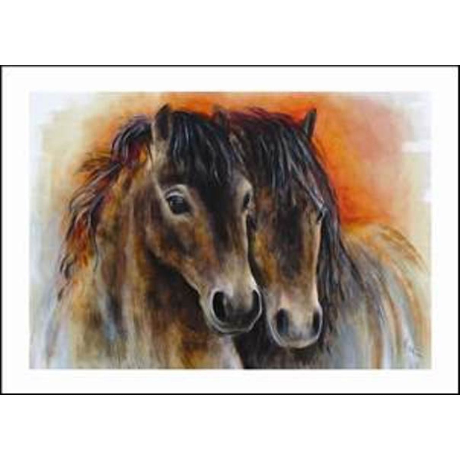 an equestrian greeting card showing two beautiful brown exmoor ponies 