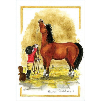 The Alisons Animals Funny Horse Card Passive Resistance features a child in riding gear trying to lead a stubborn horse—an amusing scene from Alisons Animals, ideal for any greeting card occasion.