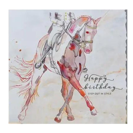 Send elegant birthday wishes with the Dressage Horse Birthday Card Theme from Deckled Edge Ltd, featuring a watercolor horse and rider, cursive “Happy Birthday” and “Step Out in Style,” inspired by Janna Cossettini’s artistry.