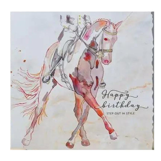 The Horse Birthday Card Dressage Theme by Deckled Edge Ltd features a watercolor dressage horse and rider illustration by Janna Cossettini, with Happy Birthday and STEP OUT IN STYLE text on a soft wash background.