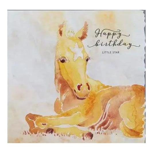 a square greeting card with a crinkled edge on one side featuring a chestnut foal with a white star  with wording on the outside Happy Birthday little star