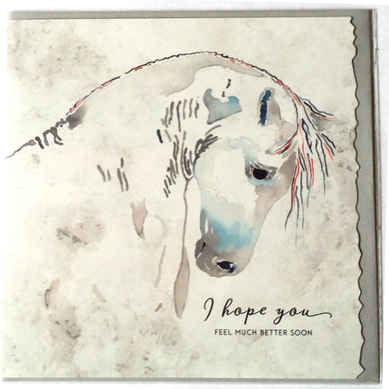 The Horse Get Well Greeting Card Deckled Edge by Deckled Edge Ltd showcases Janna Cossettinis watercolor of a grey horse with blue and red accents, and the message I hope you feel much better soon in elegant script on a light background.