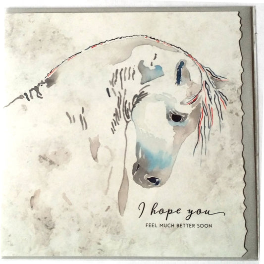 The Horse Get Well Greeting Card Deckled Edge by Deckled Edge Ltd showcases Janna Cossettinis watercolor of a grey horse with blue and red accents, and the message I hope you feel much better soon in elegant script on a light background.
