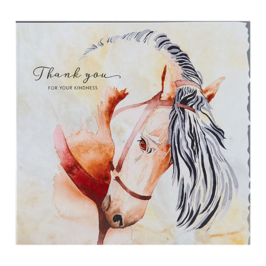 The Horse Greeting Card Thankyou Blank by Deckled Edge Ltd features a watercolor horse with a flowing mane and “Thank you for your kindness” in elegant script—a beautiful way to express gratitude.