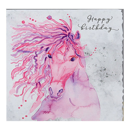 The Birthday Card For Horse Lovers Deckled Edge Pink Mare by Deckled Edge Ltd features a graceful pink and purple watercolor horse on a light gray background with Happy birthday in cursive—perfect for equestrian fans.