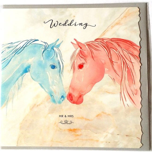 The Equestrian Wedding Greeting Card by Deckled Edge Ltd features Janna Cossettinis watercolor blue and pink horses with Wedding and Mr & Mrs on a marbled background—a unique horse-themed card.