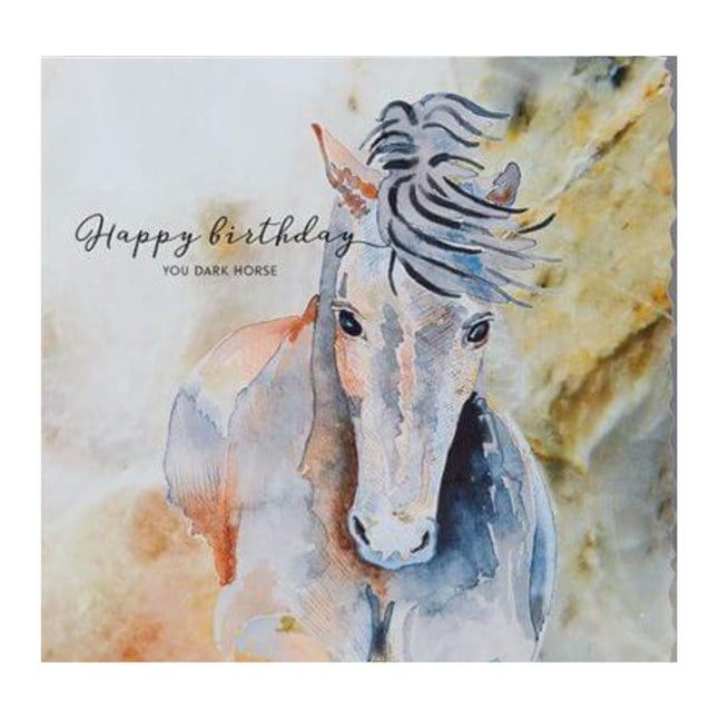 The Horse Birthday Card Dark Horse Deckled Edge by Deckled Edge Ltd features a watercolor horse with a flowing mane on an abstract background. It reads “Happy birthday you dark horse”—perfect for horse lovers’ birthdays.