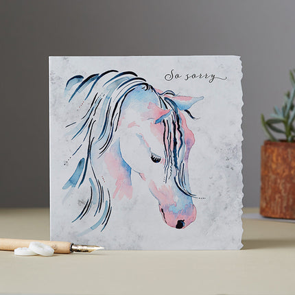 Send heartfelt sympathy wishes to horse lovers with the Horse Greeting Card Sympathy So Sorry by Deckled Edge Ltd, featuring a watercolor horse’s head, pastel mane, and “So sorry” message—perfect for expressing your condolences.