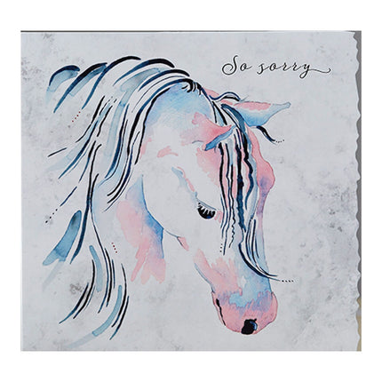 Send heartfelt sympathy with the Horse Greeting Card Sympathy So Sorry by Deckled Edge Ltd, featuring a watercolor horse in soft pink and blue and the handwritten So sorry—perfect for horse lovers.