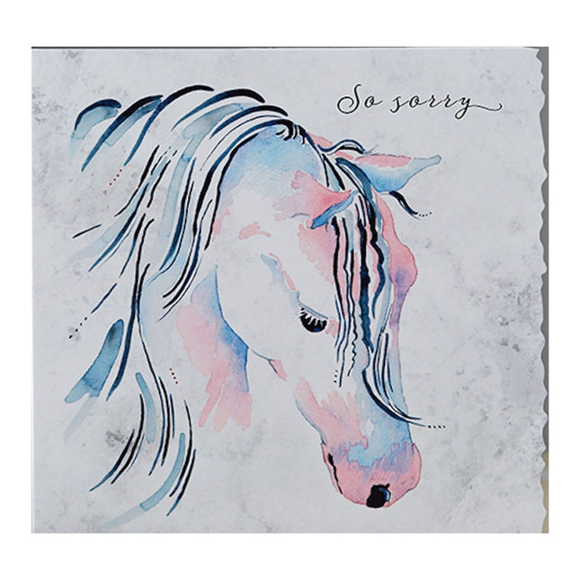 Send heartfelt sympathy with the Horse Greeting Card Sympathy So Sorry by Deckled Edge Ltd, featuring a watercolor horse in soft pink and blue and the handwritten So sorry—perfect for horse lovers.