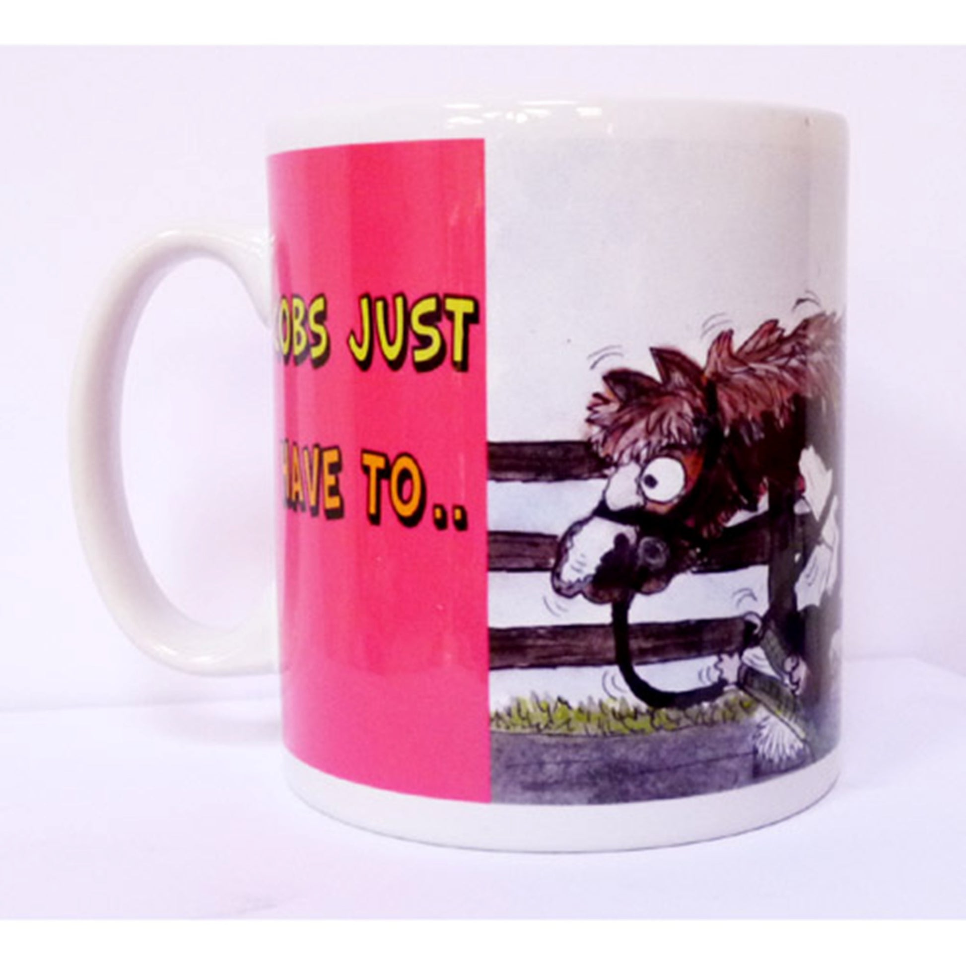 a mug showing a coloured cob horse walking over its owner