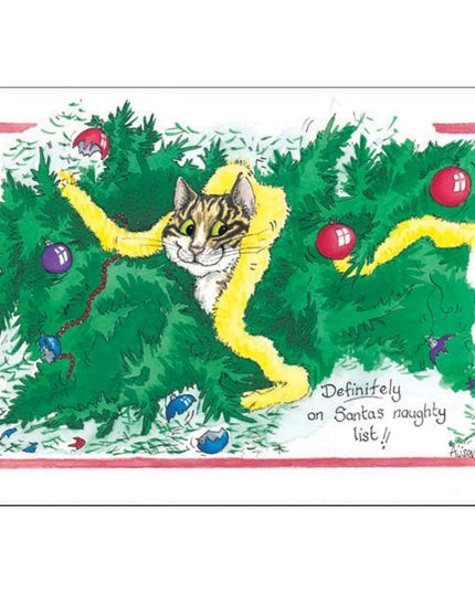 A funny cat Christmas card from Alisons Animals featuring a cheeky cat peering out from a fallen Christmas tree.