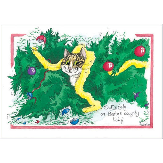 A funny cat Christmas card from Alisons Animals featuring a cheeky cat peering out from a fallen Christmas tree.