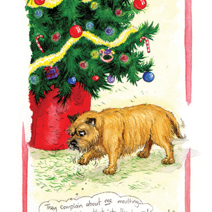 funny dog Christmas card by Alisons Animals with  a dog walking past a Christmas tree that is losing its needles and thinking They Complain About Me Moulting.