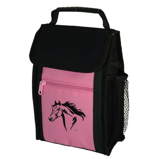 The Equinaliagifts Pink Insulated Lunch Bag With Horse Head Design features a zippered closure, carrying handle, front horse head graphic, and mesh side pocket—perfect for horse lovers.