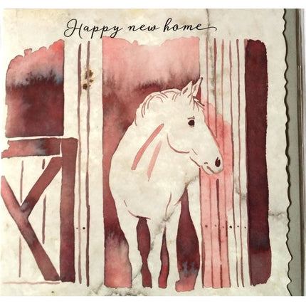 The Horse Greeting Card Happy New Home by Deckled Edge Ltd features a watercolor horse in a barn doorway with Happy New Home in cursive, on warm reddish-brown and beige hues.