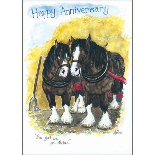 The Alisons Animals Funny Horse Anniversary Card features two horses in harnesses by a haystack, with “Happy Anniversary” above and “I’m glad we got hitched” below. A fun way to celebrate from Alisons Animals!.