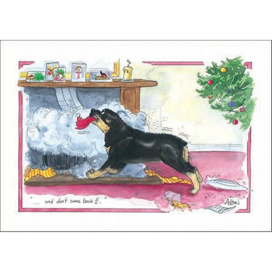 Single Christmas card with a humorous cartoon design by artist Alison Lingley featuring a Rottweiler dog barking at Santa coming down the chimney.