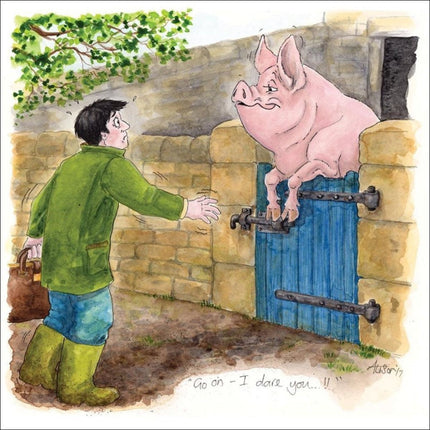 A surprised man in green boots faces a large pink pig atop a blue gate on the Otter House Pig Greeting Card James Herriot Go On I Dare You—a humorous card inspired by country life and perfect for fans of the James Herriot collection.
