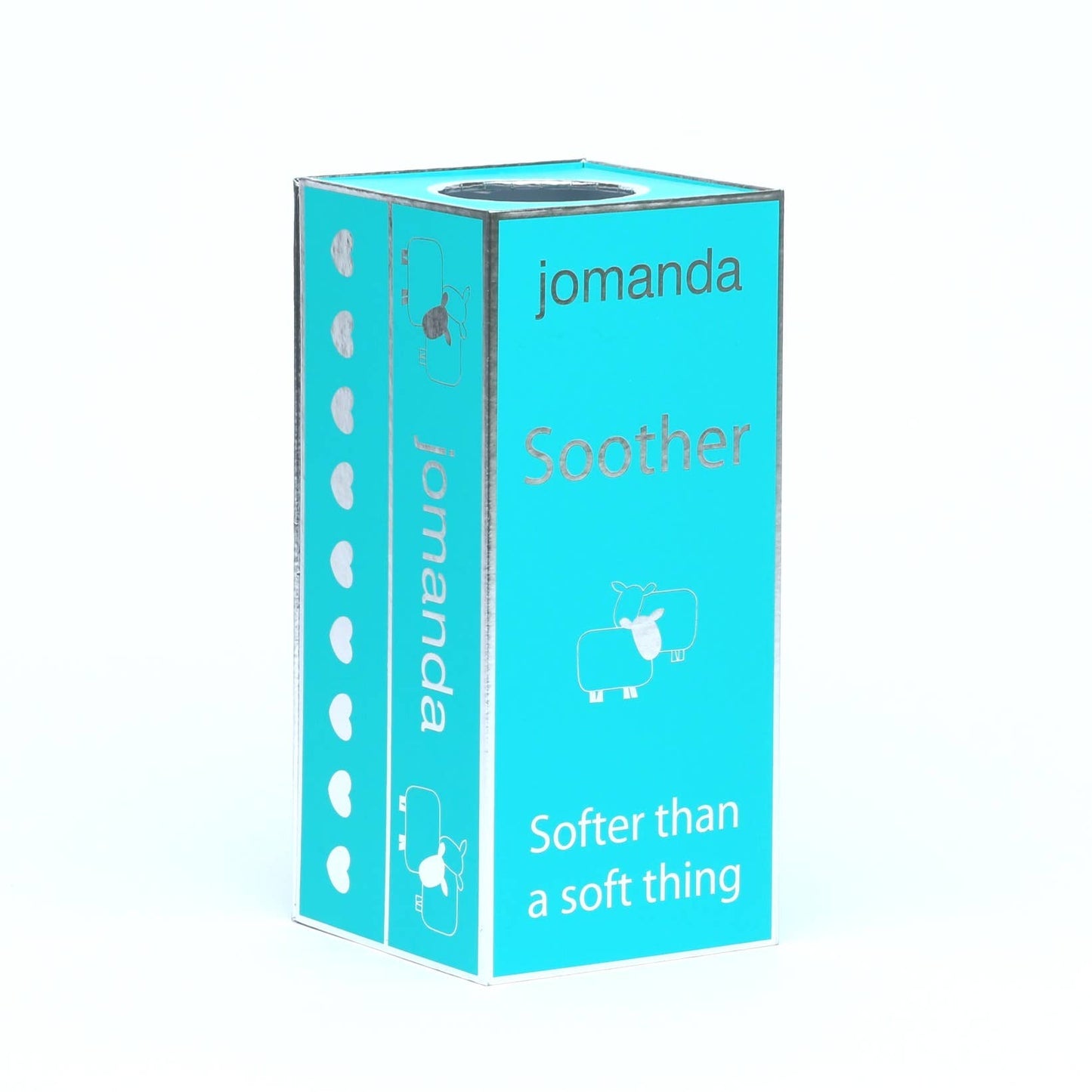 a tall aqua blue and silver jomanda branded gift box with a hole in the top for the toys head