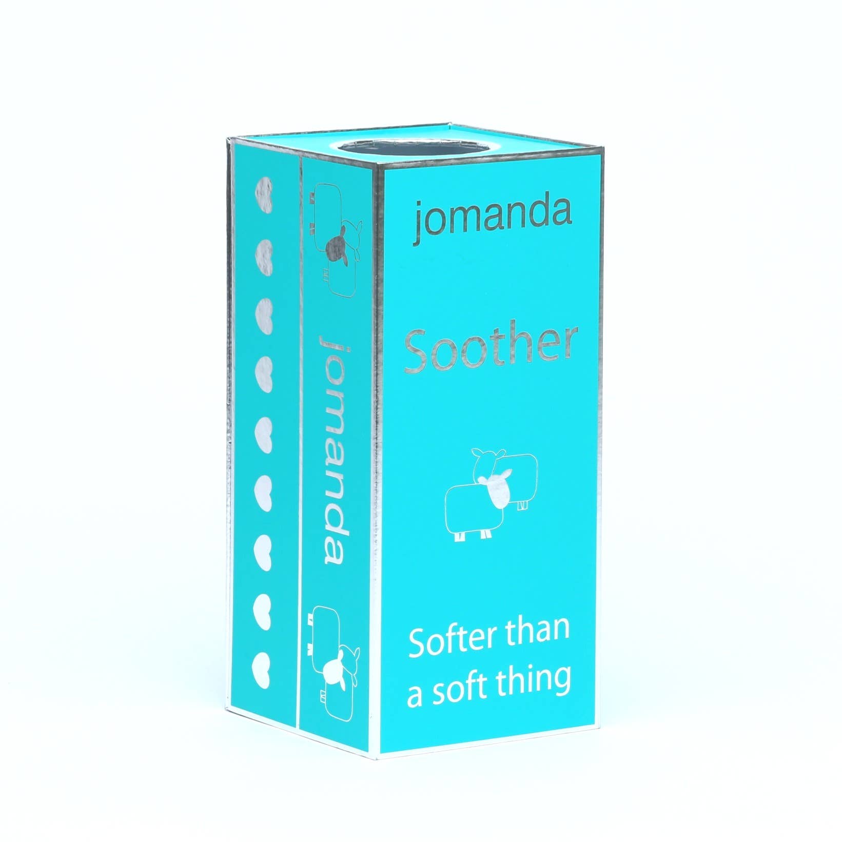 a tall aqua blue and silver jomanda branded gift box with a hole in the top for the toys head