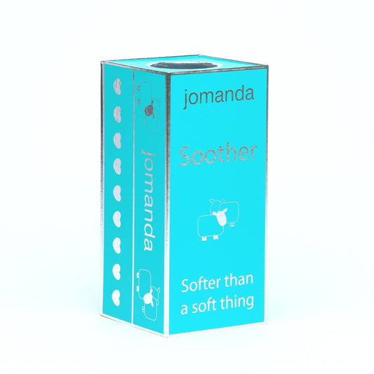 a tall aqua blue and silver jomanda branded gift box with a hole in the top for the toys head