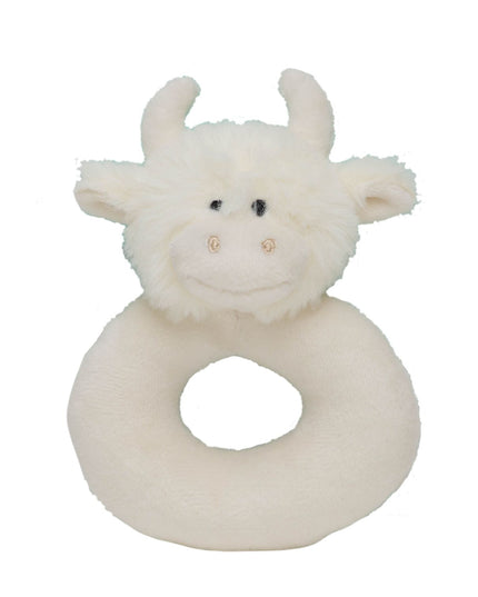 a donut shaped baby rattle in cream soft plush cream fabric with a cute cream highland cows head