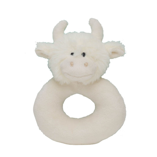 a donut shaped baby rattle in cream soft plush cream fabric with a cute cream highland cows head