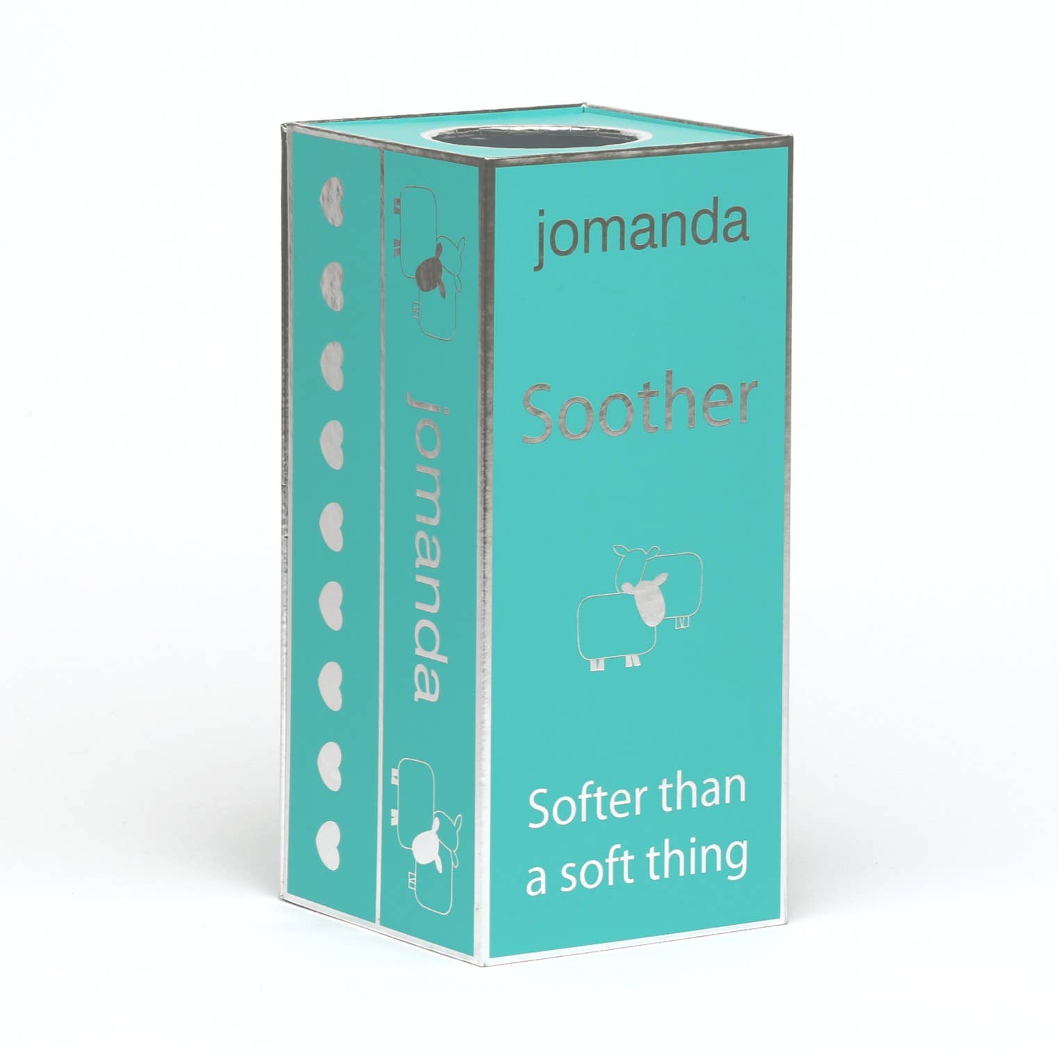 the jomanda toys turquoise and silver gift box for their baby soother with jomanda toys branding