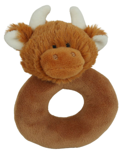 a donut shaped new baby rattle in brown soft plush fabric with a cute brown highland cows head with cream horns and ears